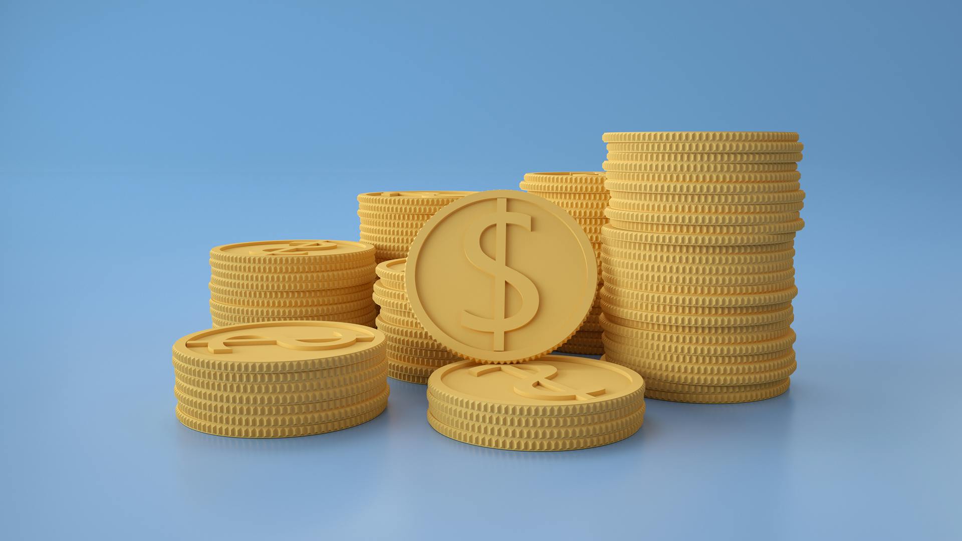 3D render of stacked gold coins with dollar sign on blue background.