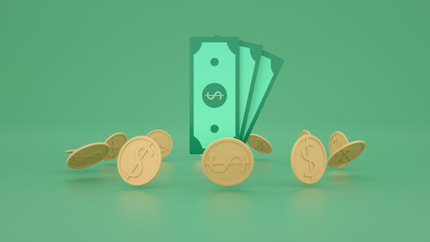 3D illustration of gold coins and green dollar bills symbolizing finance and wealth.