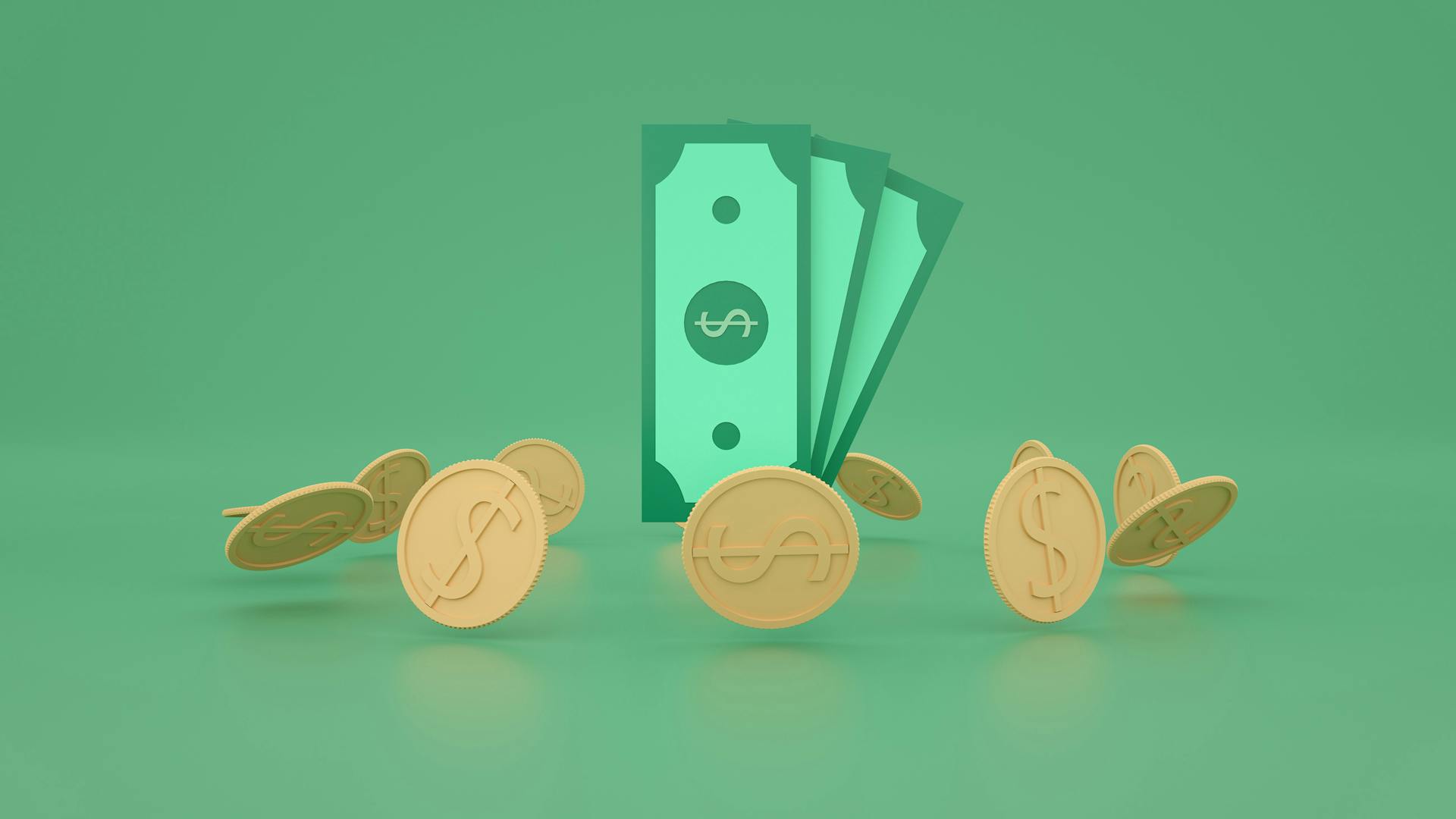 3D illustration of gold coins and green dollar bills symbolizing finance and wealth.