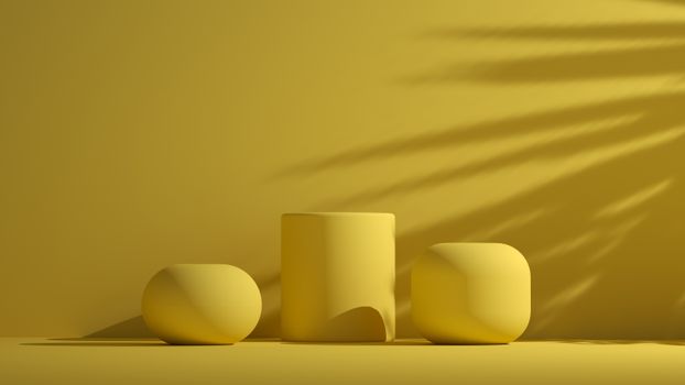 Abstract arrangement of yellow geometric shapes with shadows in a minimalist setting.