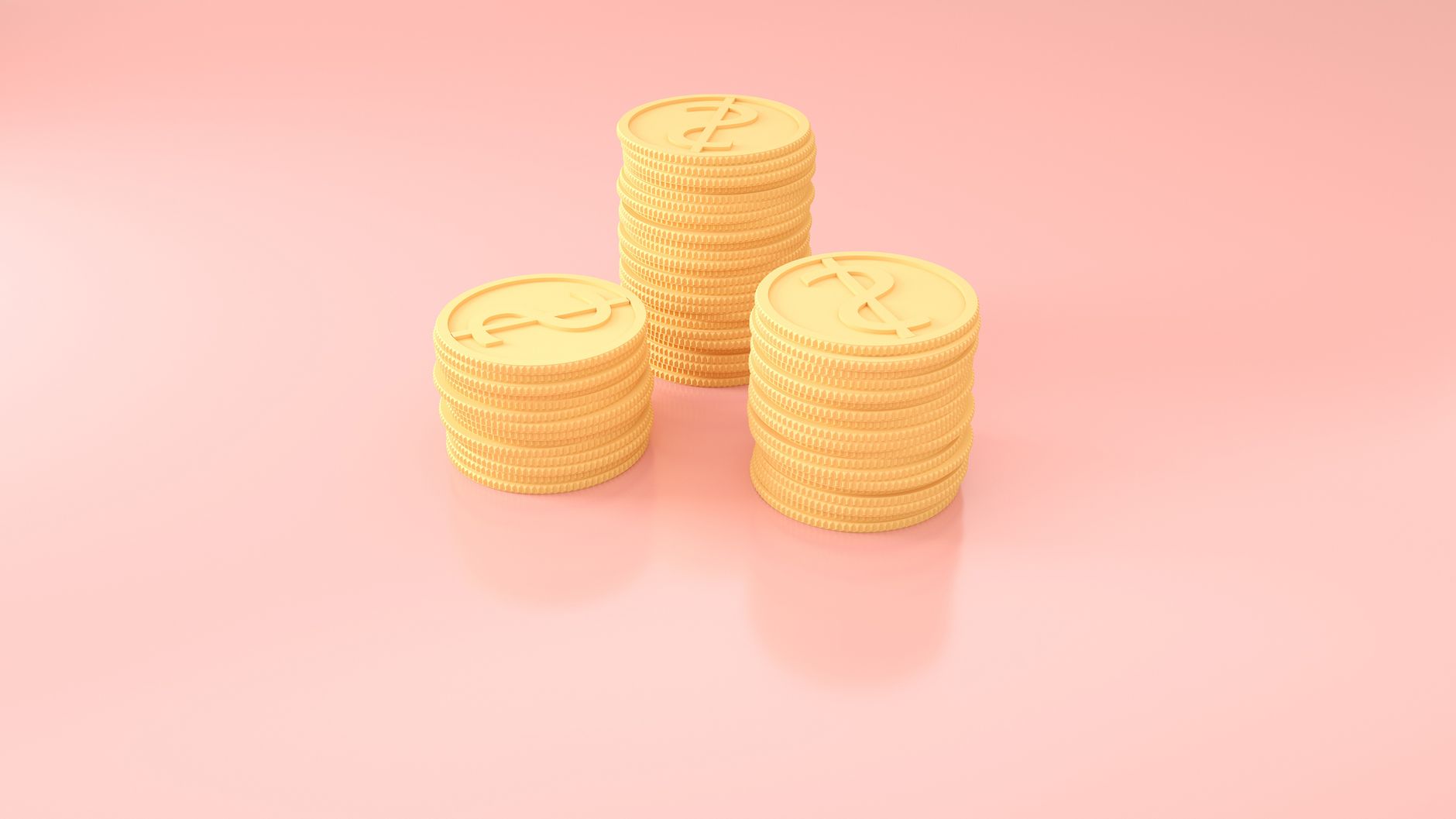3D render of gold coin stacks on pastel pink, symbolizing wealth and prosperity.