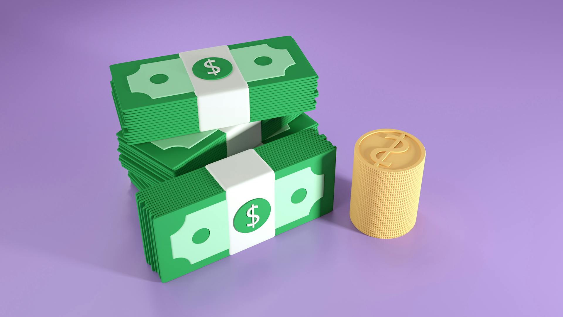 3D illustration of stacked dollar bills and coins, symbolizing finance and wealth.