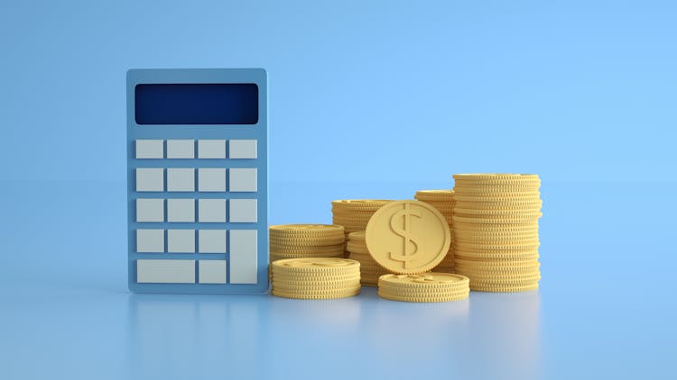 3D Render Of Calculator And Coins 