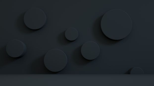 Abstract minimalism with dark, circular geometric shapes casting shadows on a smooth backdrop.
