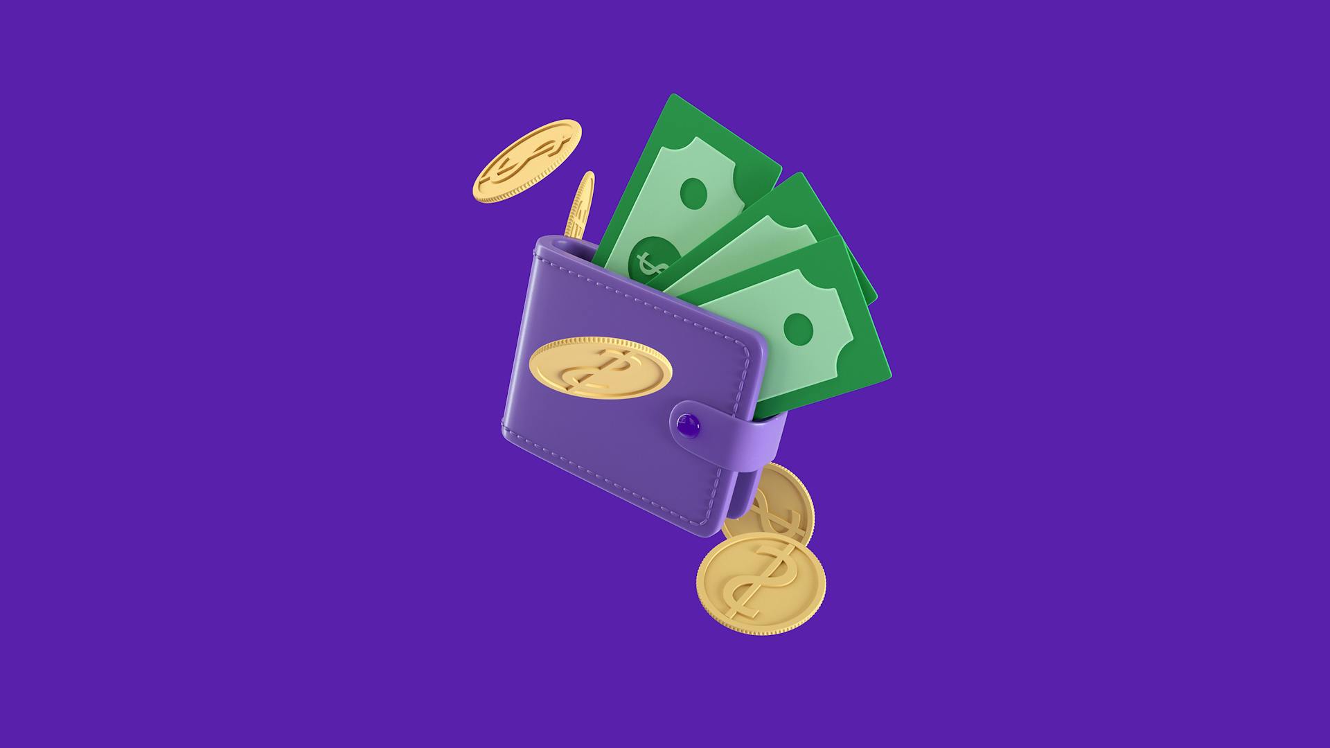 Bright 3D illustration of a purple wallet with cash and gold coins on a purple background.