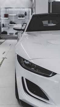 Close-up of a modern white luxury sports car highlighting sleek design in showroom.