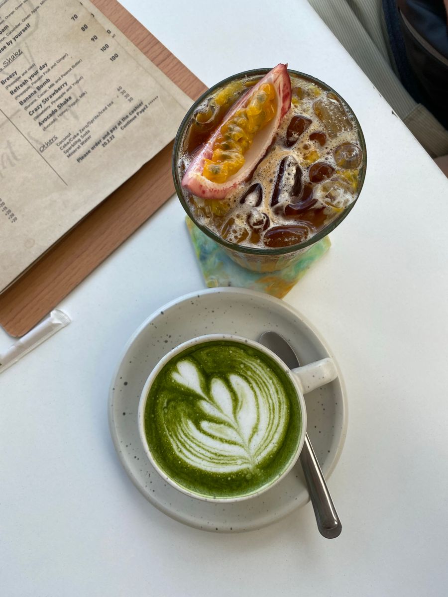 A matcha latte on a table