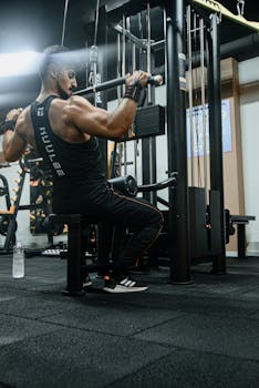 Strong muscular man using lat pulldown machine in gym for bodybuilding.