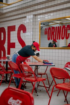 A worker cleans tables in a restaurant, emphasizing hygiene and safety protocols.