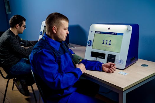 Two men using a blood pressure machine at a clinic, focusing on health monitoring with modern devices.