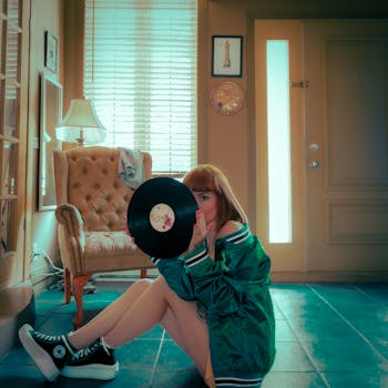A woman with a green jacket holds a vinyl record indoors, creating a vintage atmosphere.