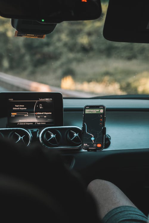 Dashboard and a Smartphone with Maps in the Front of a Car