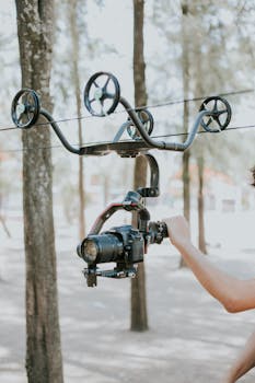 Camera rig setup on wire in forest, showcasing stabilization technology outdoors.