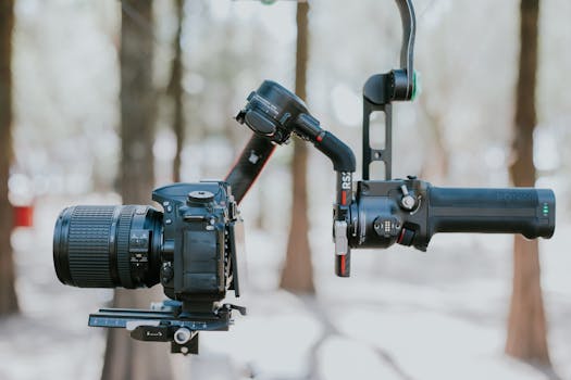 High-quality camera on a stabilizer setup in an outdoor natural setting.