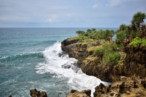 Free Panoramic view of ocean waves crashing against a rocky cliff with lush green vegetation, showcasing nature's power and beauty. Stock Photo