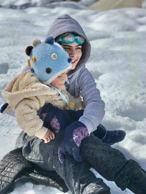 A Cute Kid with Blue Beanie Hat Sitting on the Person's Lap 