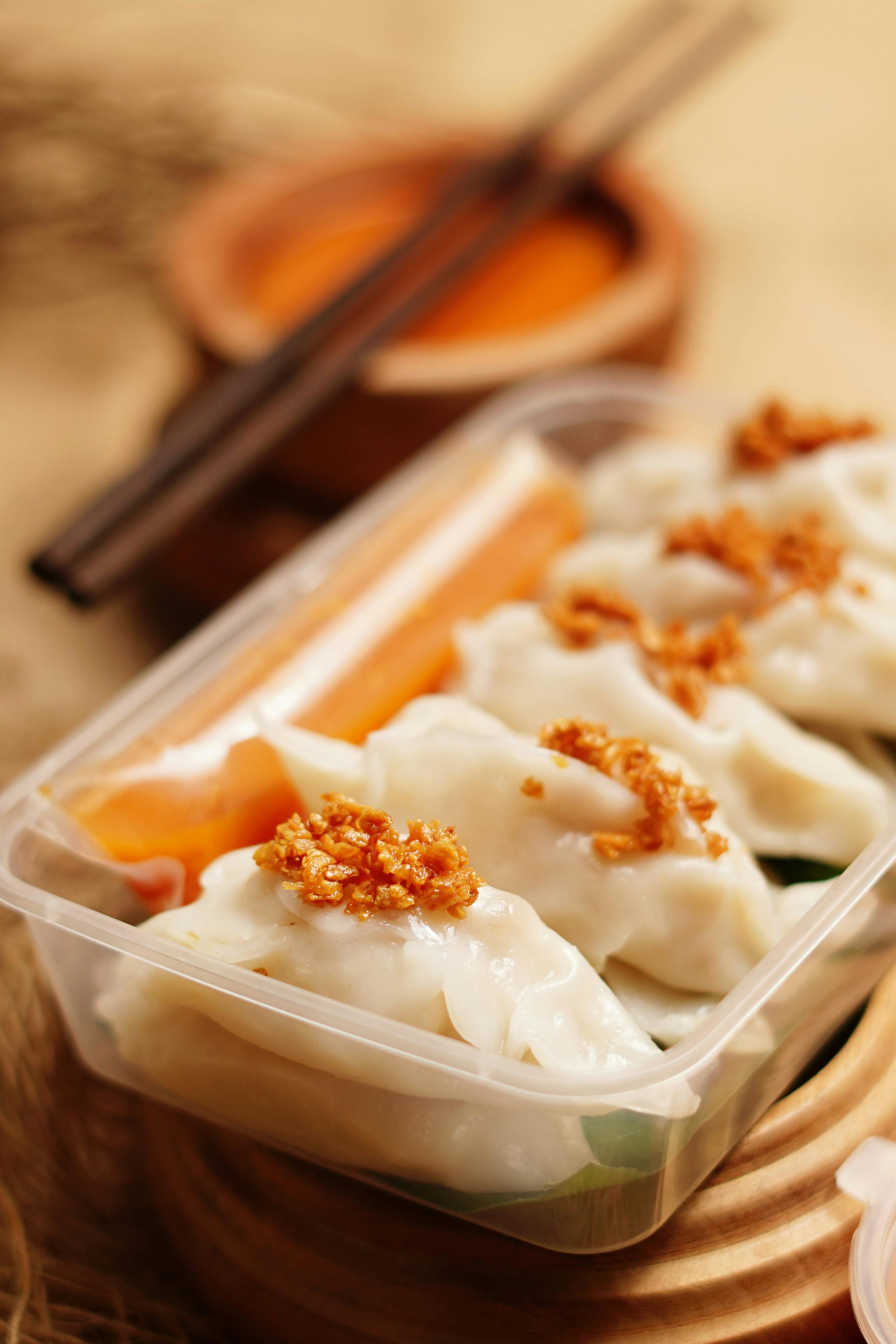 steamed dumplings with fried garlic in a plastic container