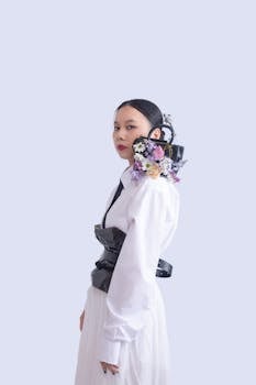 Portrait of an elegant woman in a floral and leather ensemble with a minimalist backdrop.