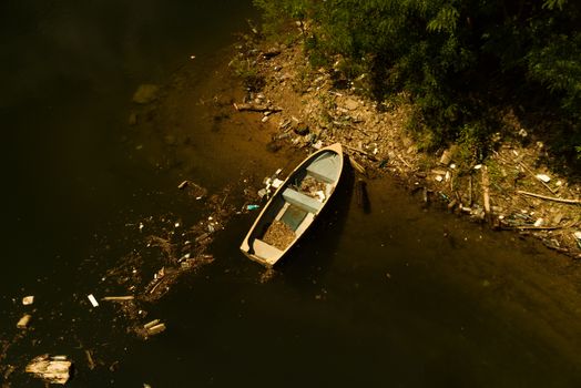 High Angle Shot of an Abandoned Wooden Boat 