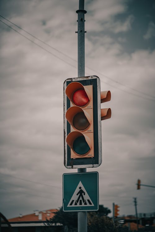 Free Traffic Light and Pedestrian Sign on Pole Stock Photo