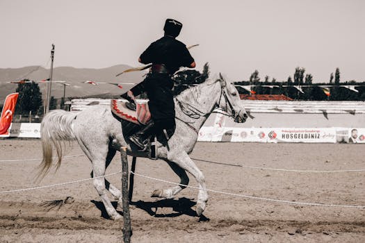 Horseback archer in action at outdoor event, displaying traditional skills.