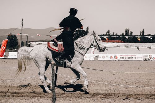Free Horseback archer in action at outdoor event, displaying traditional skills. Stock Photo
