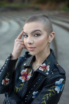A stylish portrait of a woman with short hair in a floral leather jacket, highlighting urban fashion.