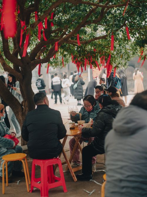 Free A group of people dining outdoors under a decorated tree during a festive event. Stock Photo