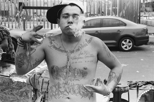 Black and white street portrait of a tattooed man smoking in an urban setting.