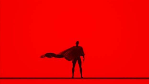 Artistic silhouette of a person with a flowing cape against a vivid red backdrop, creating a dramatic effect.