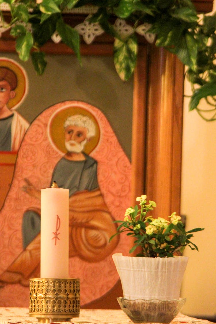 Home Little Altar With Holy Candle And Icon