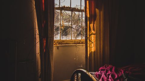 A cozy bedroom with sunlight streaming through the window onto a vintage bed.