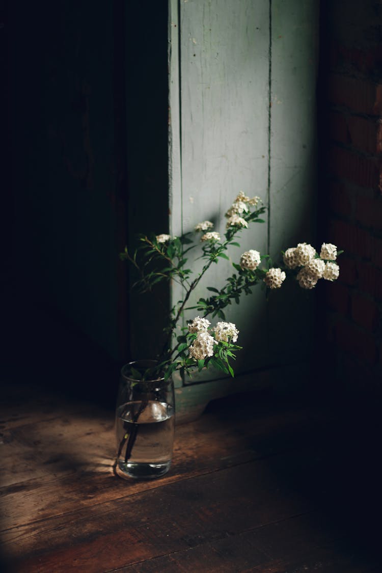 Glass Vase Of White Elderberry Flowers On Wooden Table