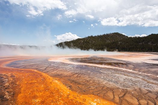 Vibrant geothermal landscape at Grand Prismatic Spring, Yellowstone National Park.