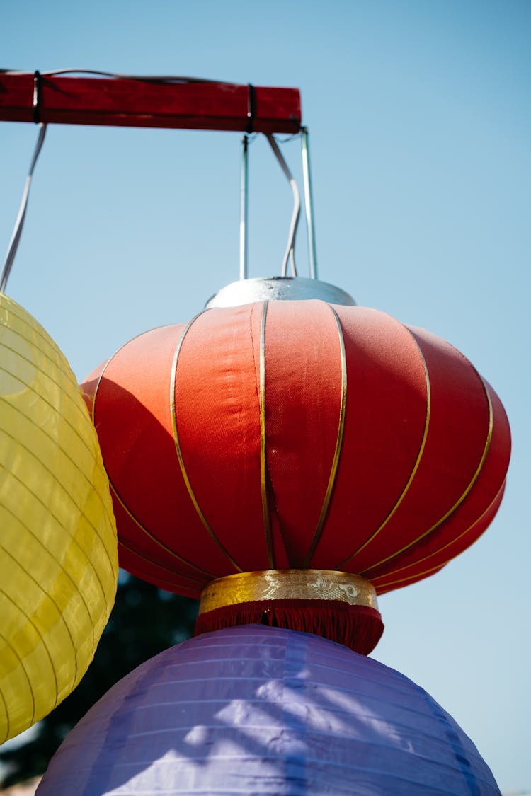 Red And Yellow Paper Lanterns Under The Blue Sky 