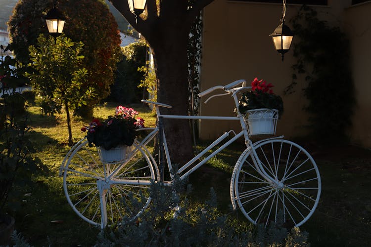 Bicycle With Flower Baskets In Garden