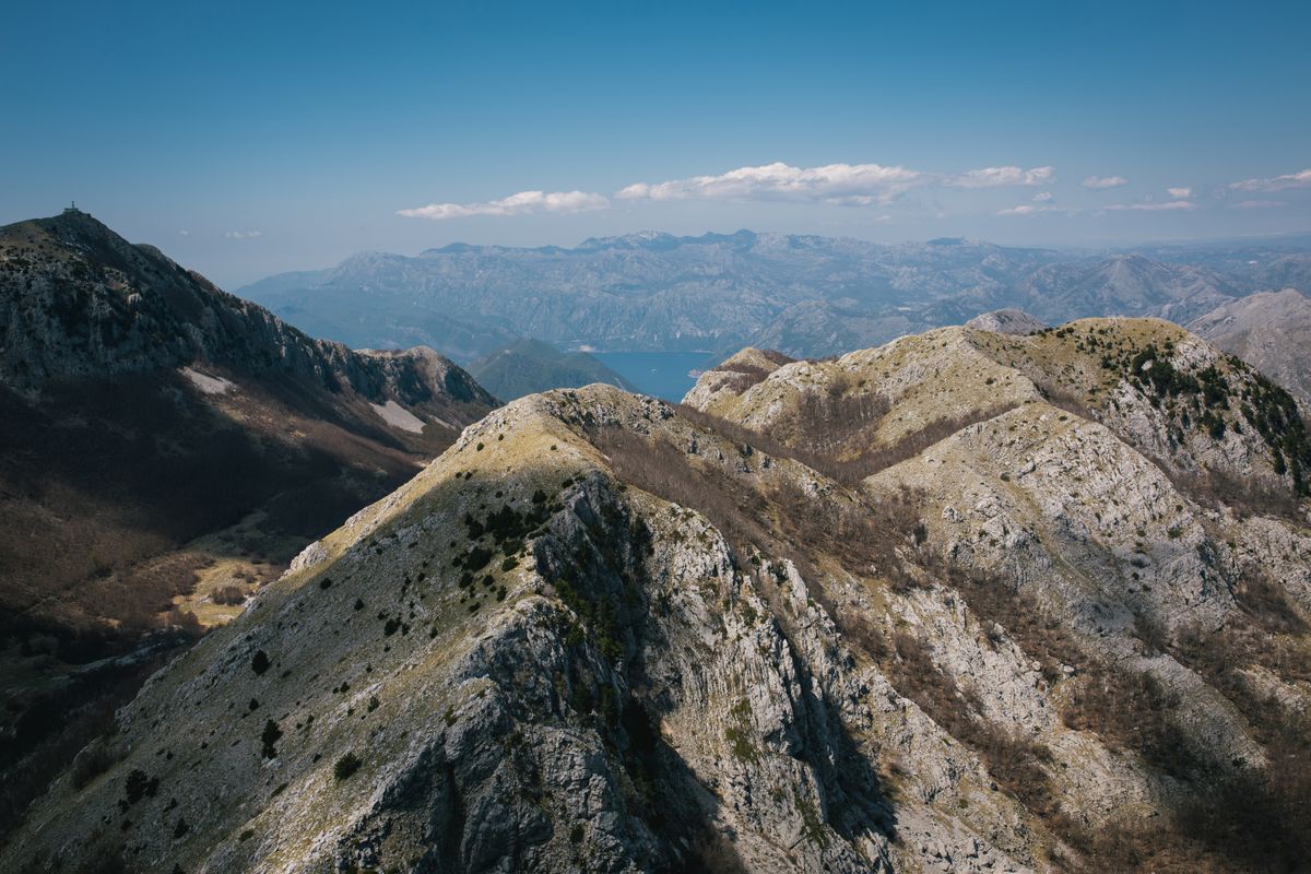 An aerial photograph of rocky mountains