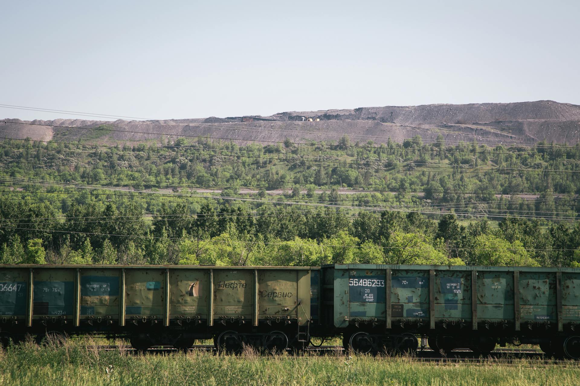 A cargo train travels through a lush countryside with distant mountains under clear skies.