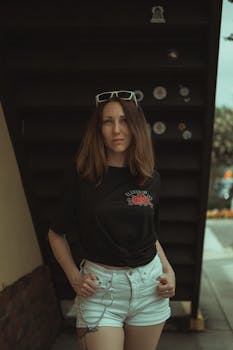 A woman poses confidently outdoors in a black shirt and white shorts, showcasing casual fashion.