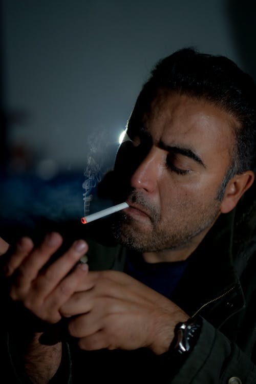 Man Smoking Lighting a Cigarette