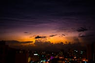 日落时分，城市景观令人叹为观止，云层与灯光交相辉映，充满活力