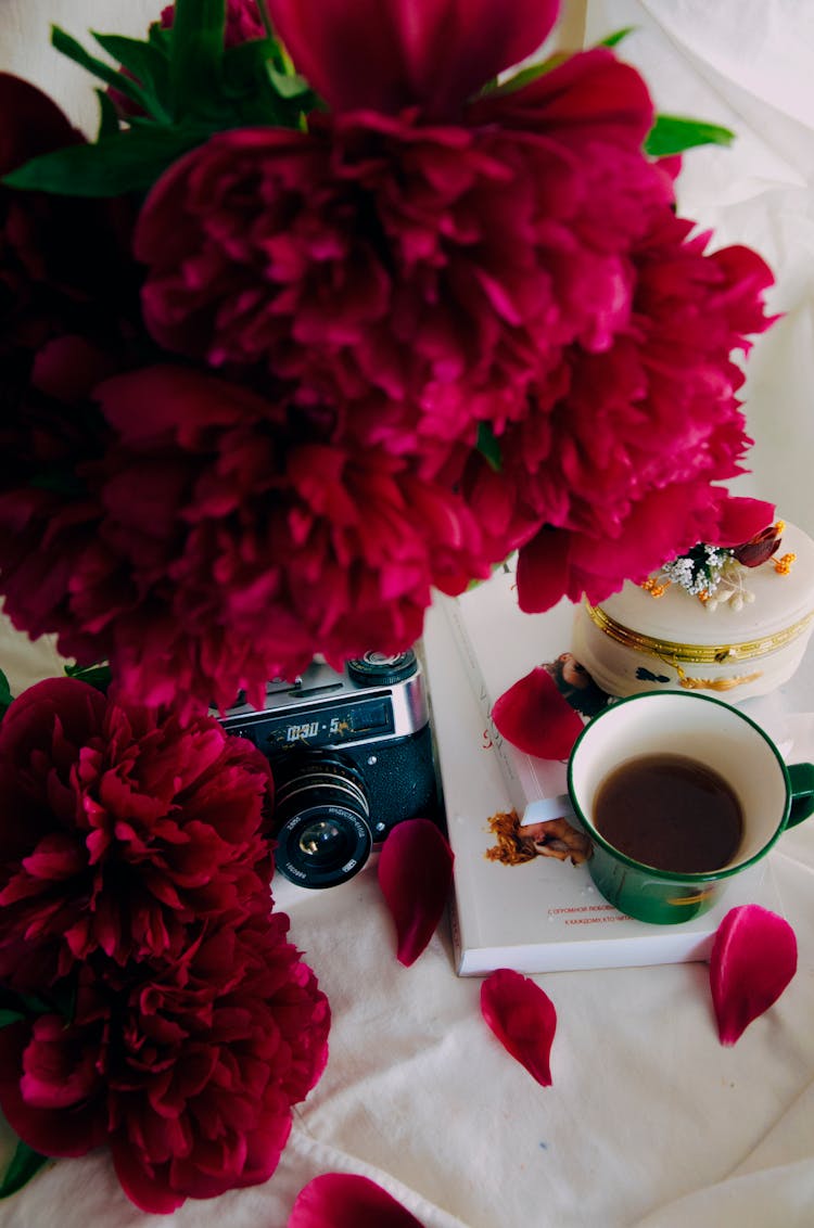 A Black Camera Beside Red Flowers And A Cup Of Tea