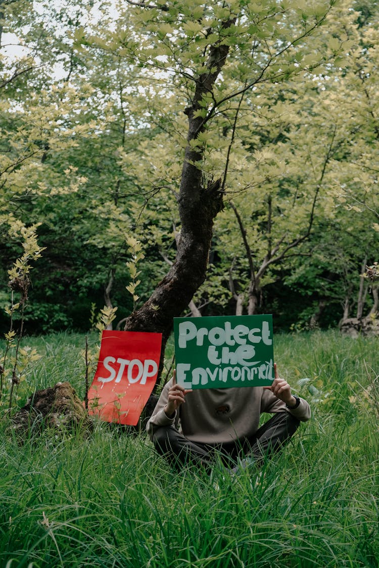 A Person Sitting On Grass Holding A Poster