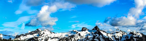 藍多雲的天空下的白色和黑色雪山