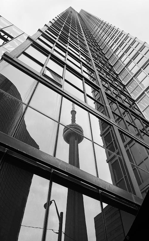A Grayscale Photo of a Building with Glass Windows