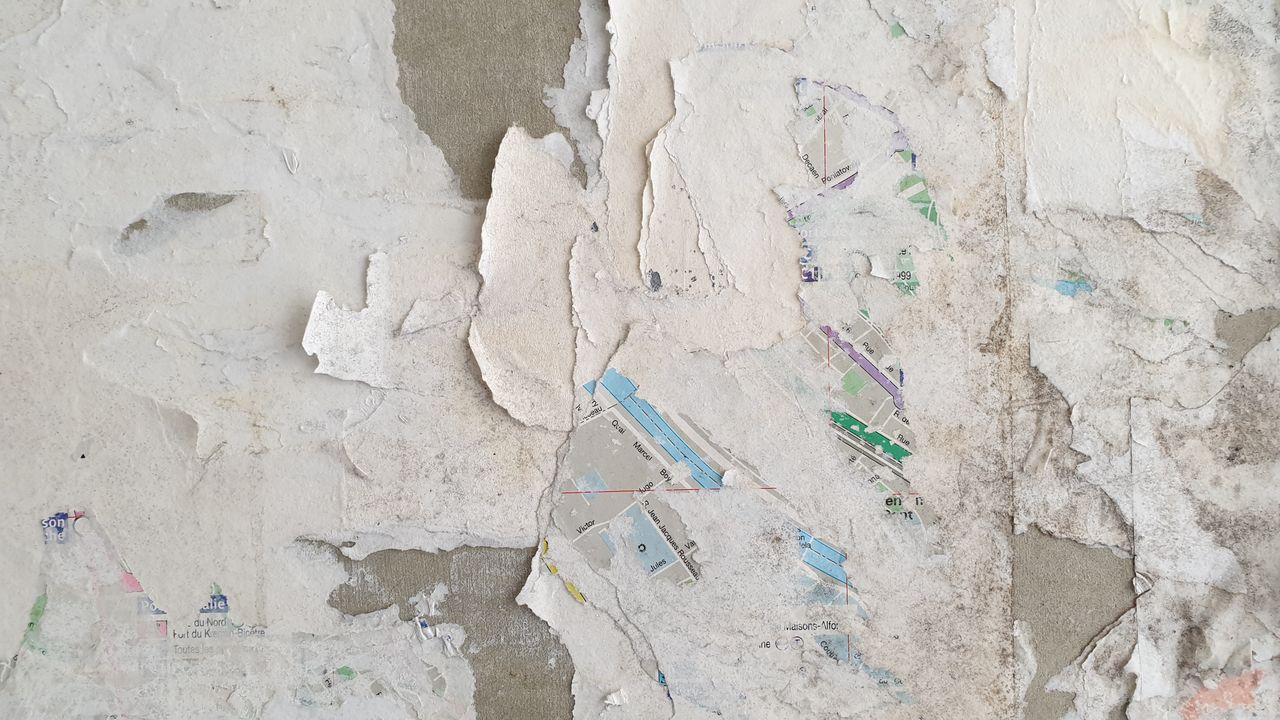 close up of peeling paper layers on textured wall revealing vibrant co