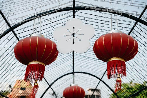 Free A Red Lanterns Hanging on the Roof Stock Photo
