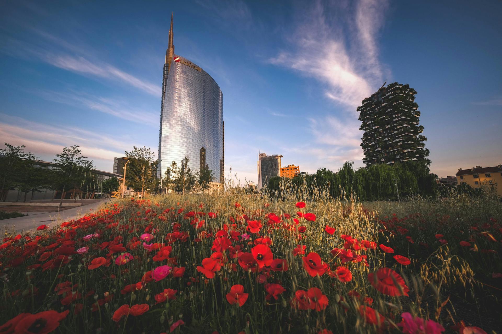 Dramatic view of Unicredit Tower and Bosco Verticale framed by vibrant poppies and blue sky at dusk.