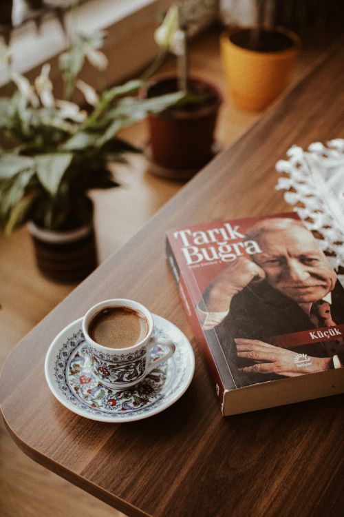 Free A cozy wooden table with a book and coffee, surrounded by potted plants, creating a serene reading nook. Stock Photo