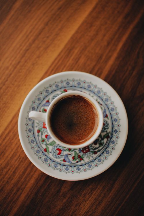 Free Close-up of a Turkish coffee cup with intricate design, offering a warm and inviting look. Stock Photo